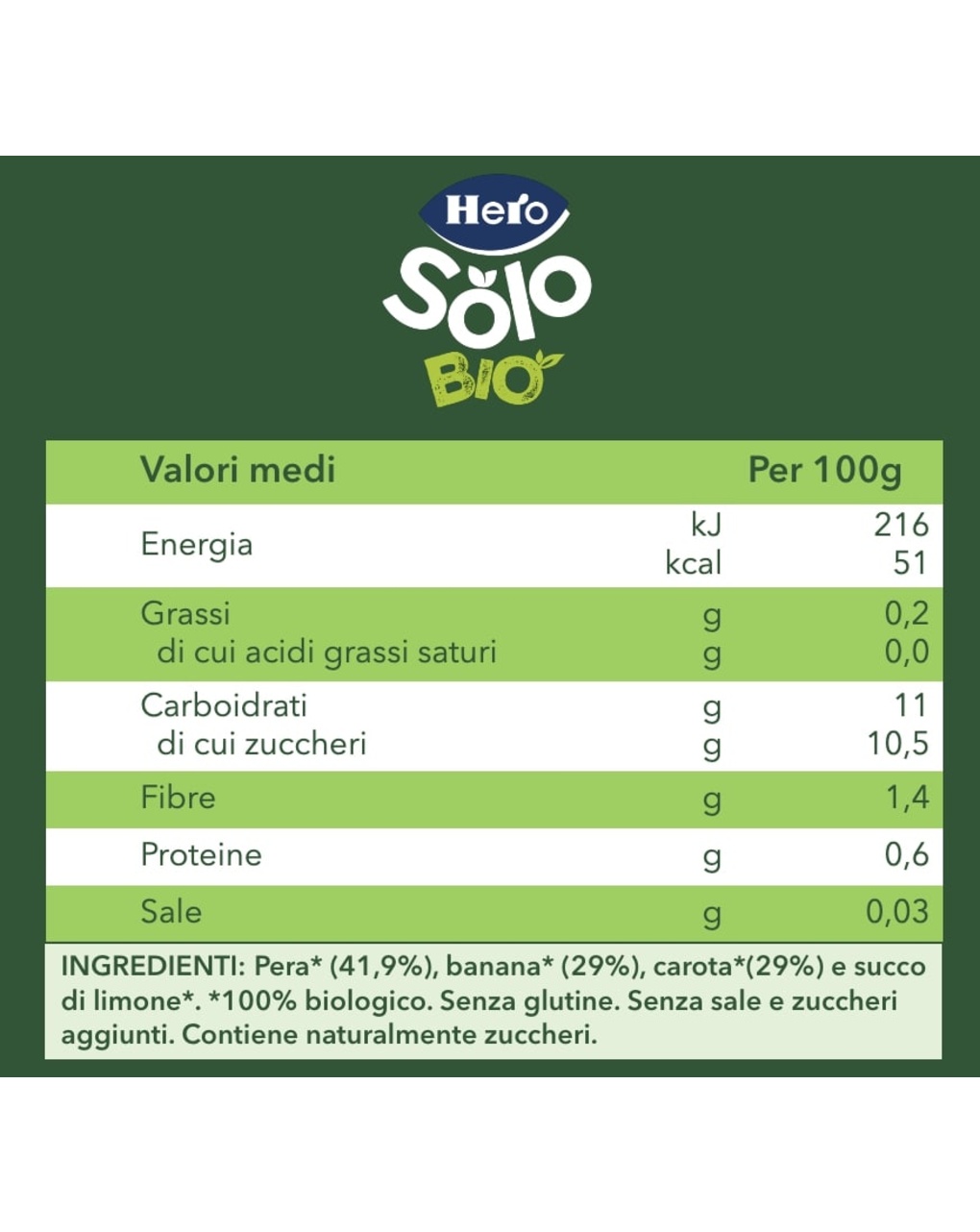 Omogeneizzati frutta pera banana e carota bio 6x120 gr - hero solo