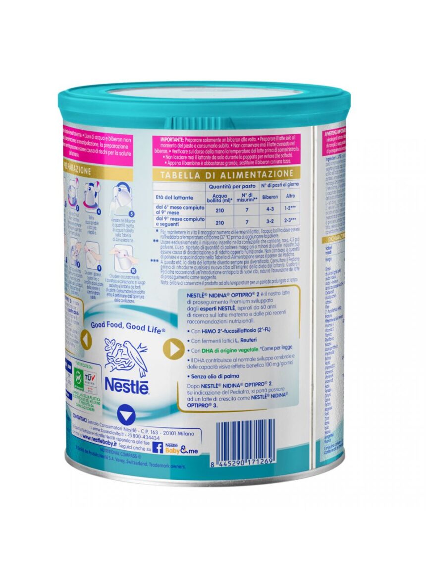 Nestlé nidina optipro 2 da 6 mesi, latte di proseguimento in polvere, latta da 800g - Nestlé