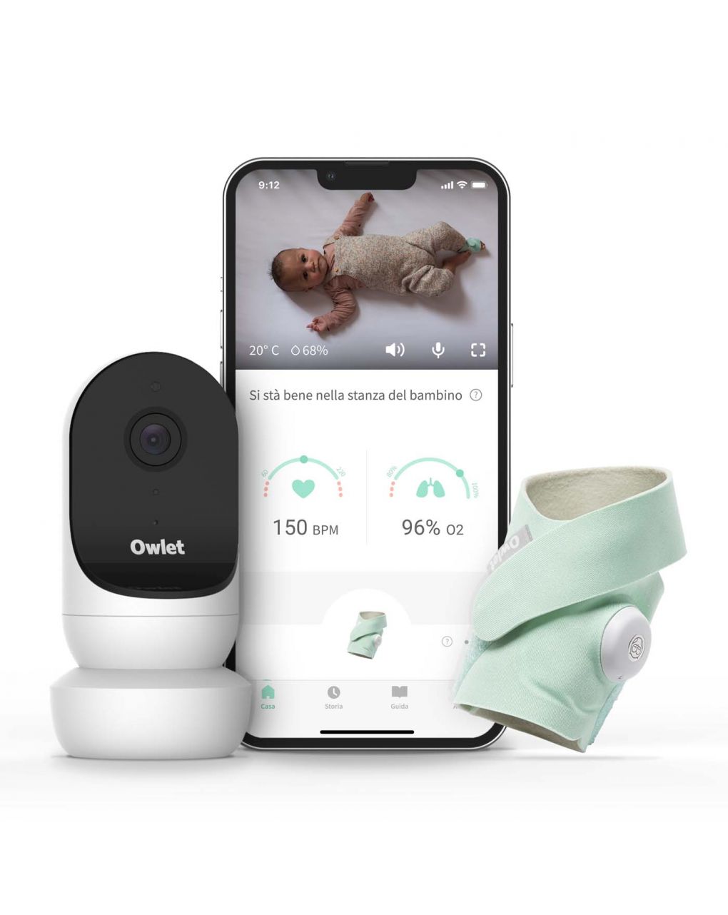 Monitor duo - smart baby monitor con video hd (smart sock 3 + cam 2) verde menta - owlet