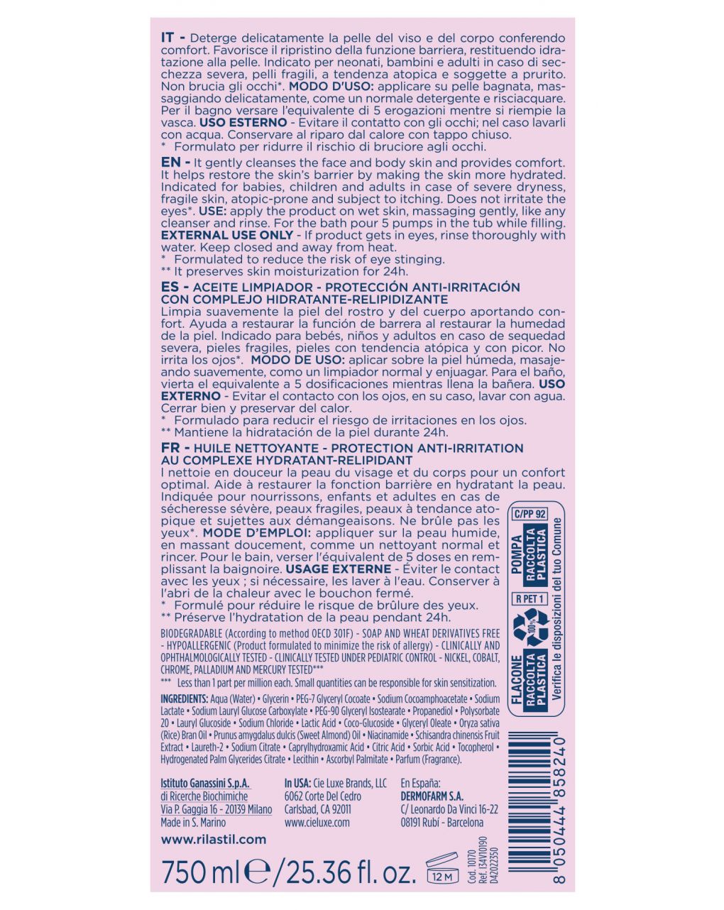 Olio detergente xerolact 750 ml - rilastil - Rilastil