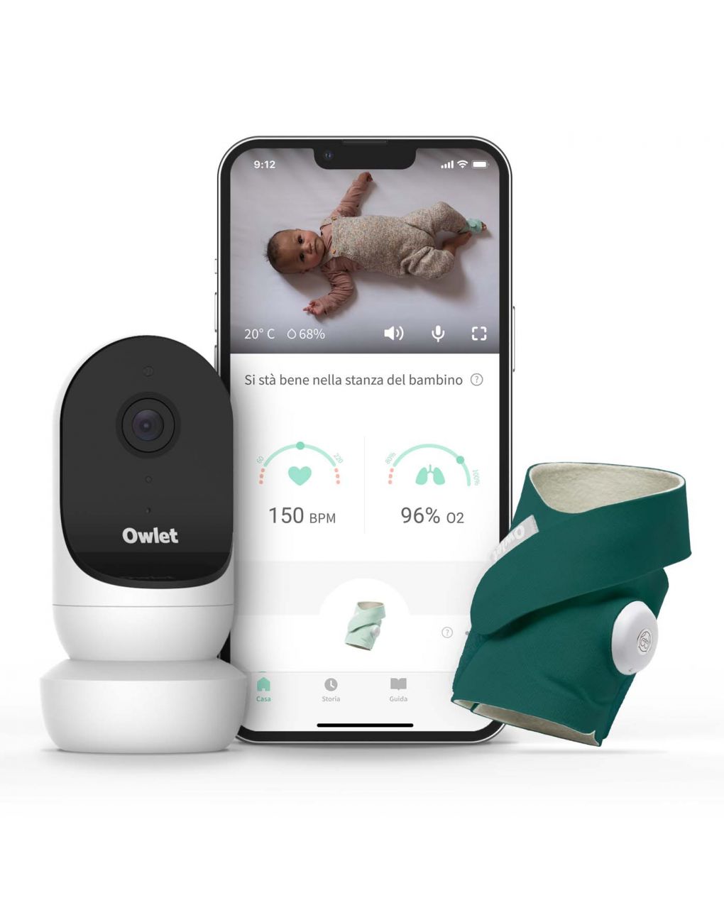Monitor duo - smart baby monitor con video hd (smart sock 3 + cam 2) verde mare - owlet
