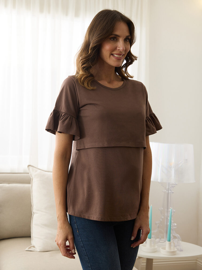 T-shirt allattamento marrone con ruches - Prénatal