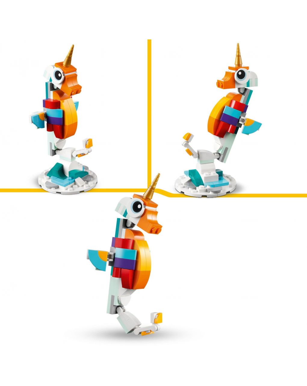 Unicorno magico con arcobaleno set 3 in 1 con animali giocattolo fantastici cavalluccio marino e pavone - lego creator - LEGO