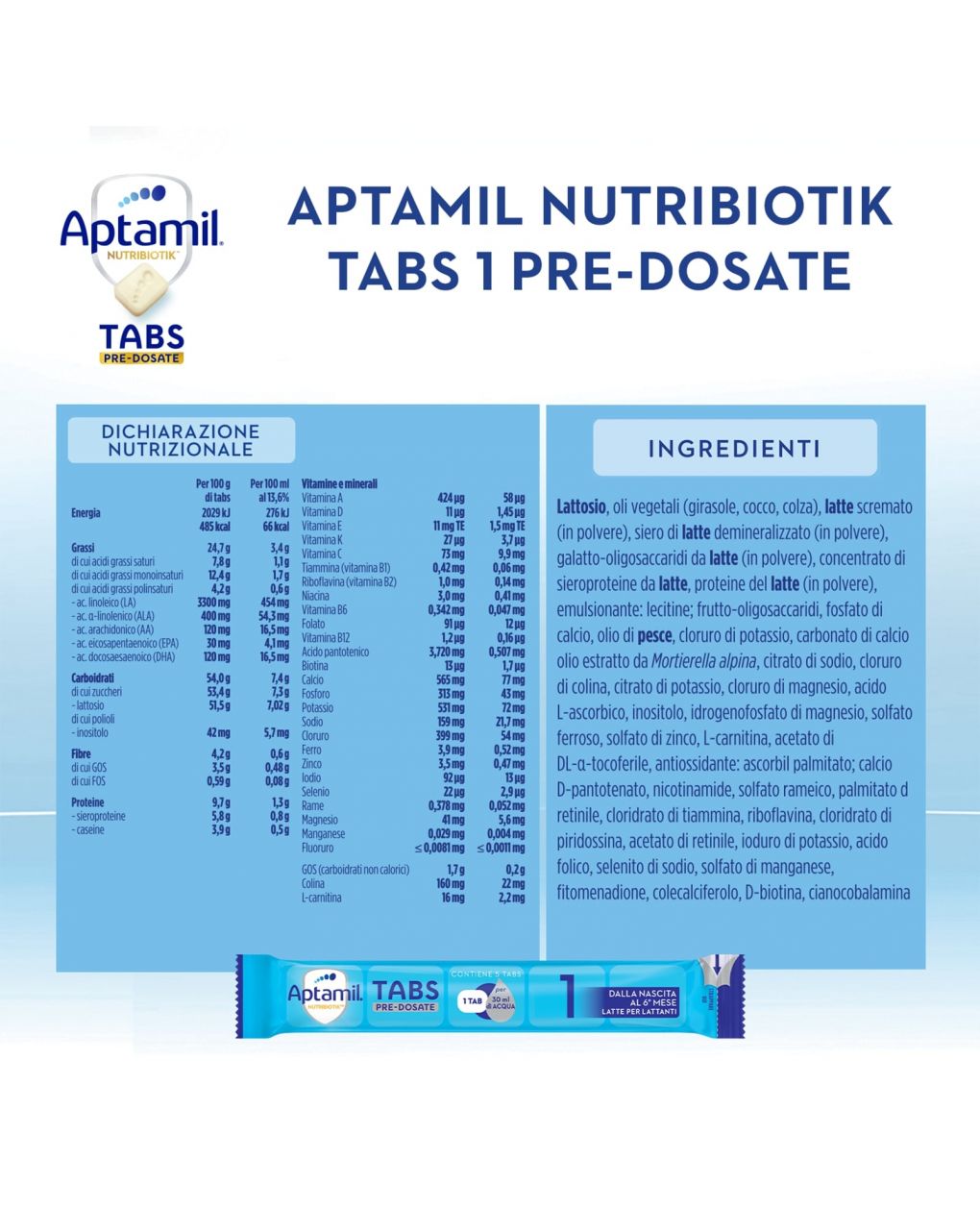 Nutribiotik tabs 1 pre-dosate - latte per lattanti in tabs 0-6 mesi - 21 bustine (105 tabs) - aptamil - Aptamil