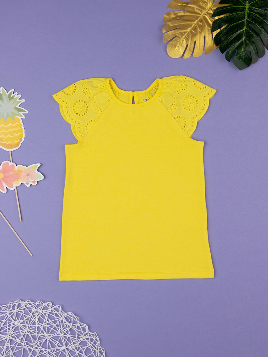 T-shirt bambina gialla maniche sangallo - Prénatal