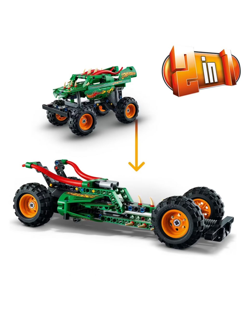Monster jam dragon - set 2 in 1 con pull-back - auto offroad monster truck e macchina giocattolo buggy - lego technic - LEGO