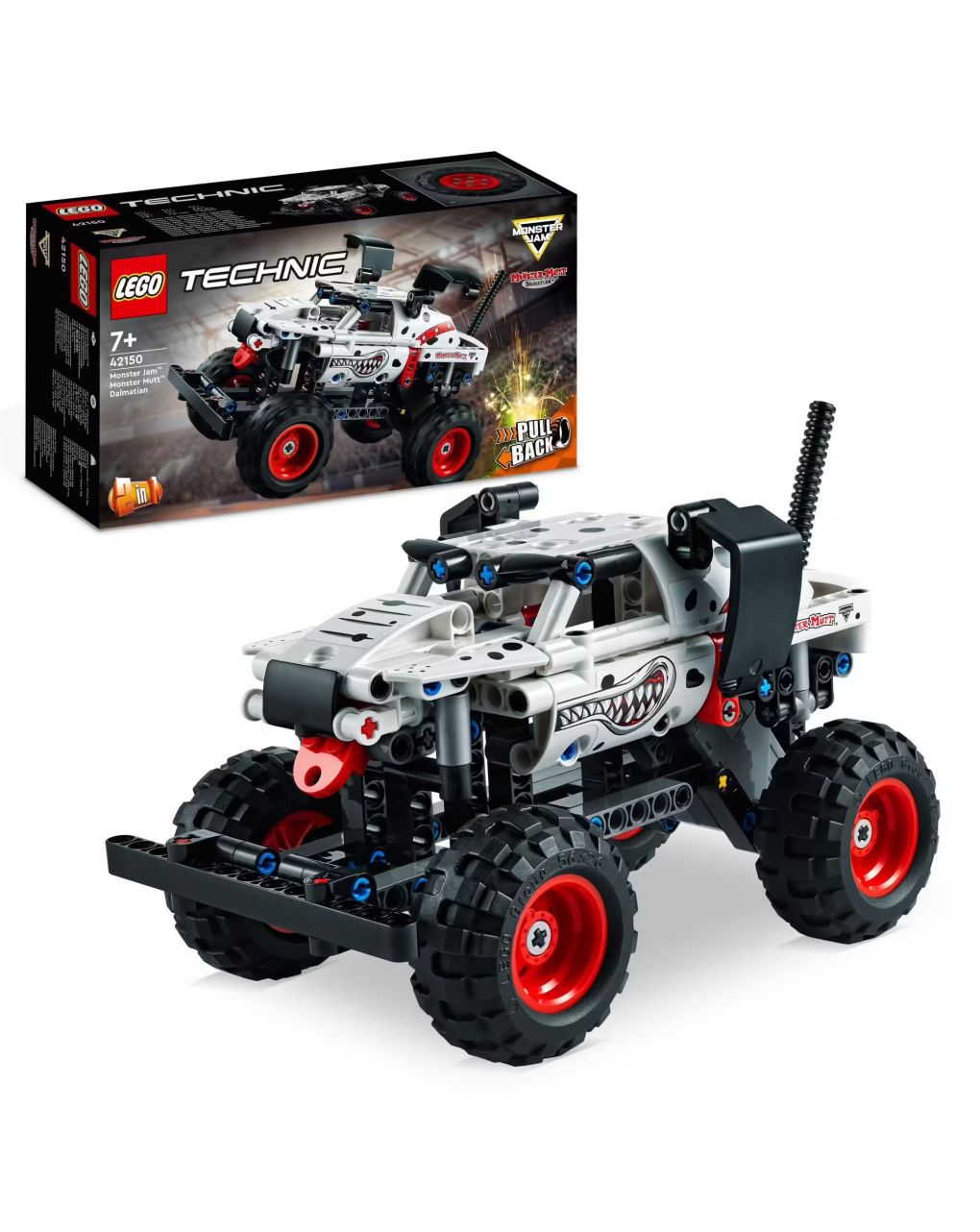 Monster mutt monster jam dalmata - set 2 in 1 con pull-back - auto offroad monster truck e camion giocattolo - lego technic