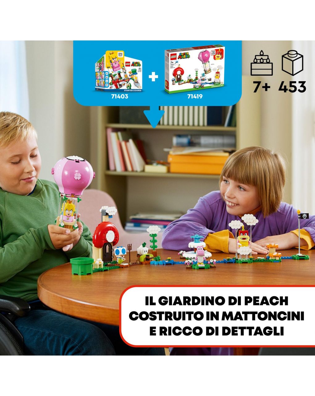 Pack di espansione viaggio in mongolfiera nel giardino di peach con poom poom toad blu e yoshi rosa - lego super mario - LEGO