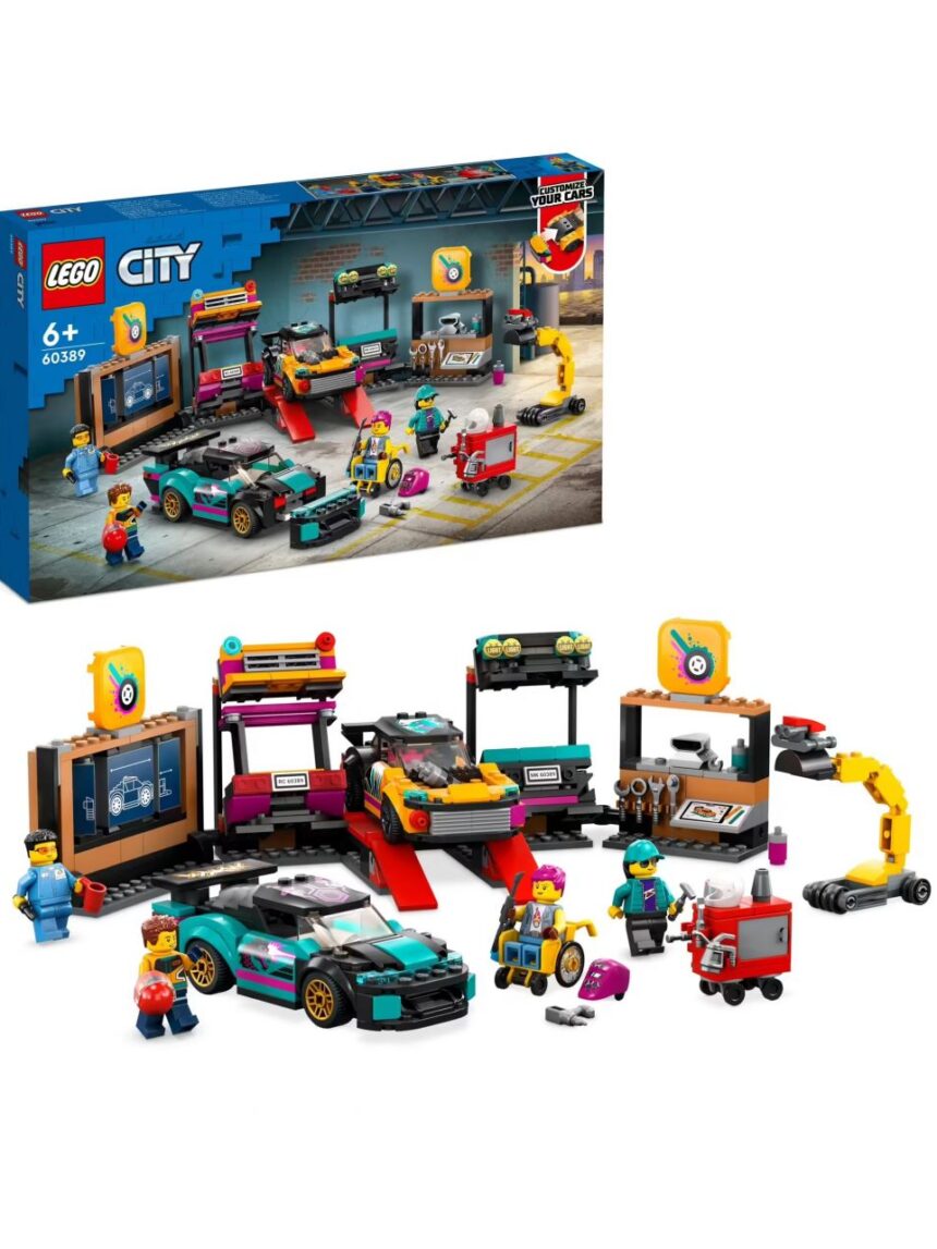 Garage auto personalizzato con 2 macchine giocattolo personalizzabili - officina e 4 minifigure - lego city - LEGO