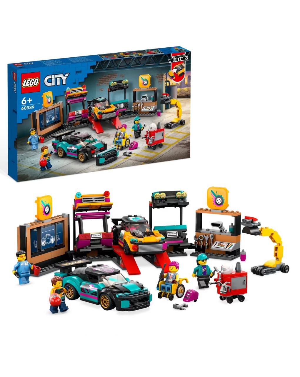 Garage auto personalizzato con 2 macchine giocattolo personalizzabili - officina e 4 minifigure - lego city - LEGO