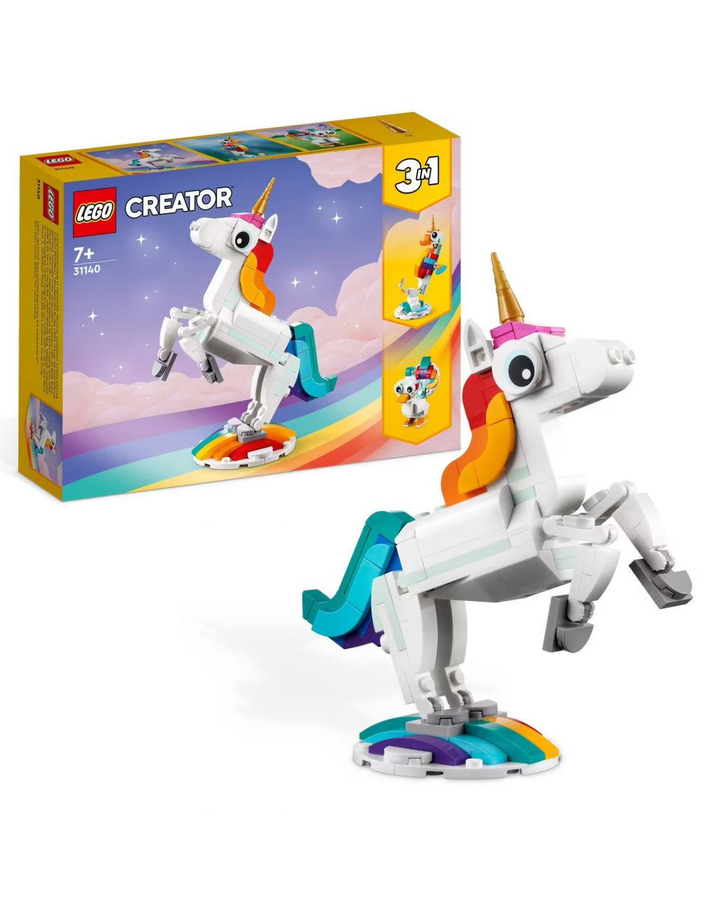 Unicorno magico con arcobaleno set 3 in 1 con animali giocattolo fantastici cavalluccio marino e pavone - lego creator