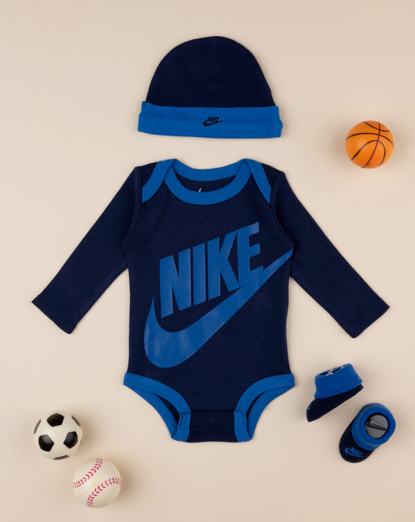 Set 3 Pezzi Nike Neonato Cappellino Body Scarpe Blu Prénatal