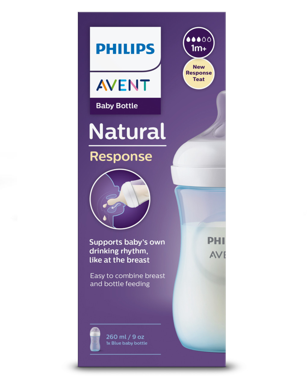 Biberon natural con tettarella a risposta naturale azzurro da 260 ml 1m+ | senza bpa - philips avent - Philips Avent