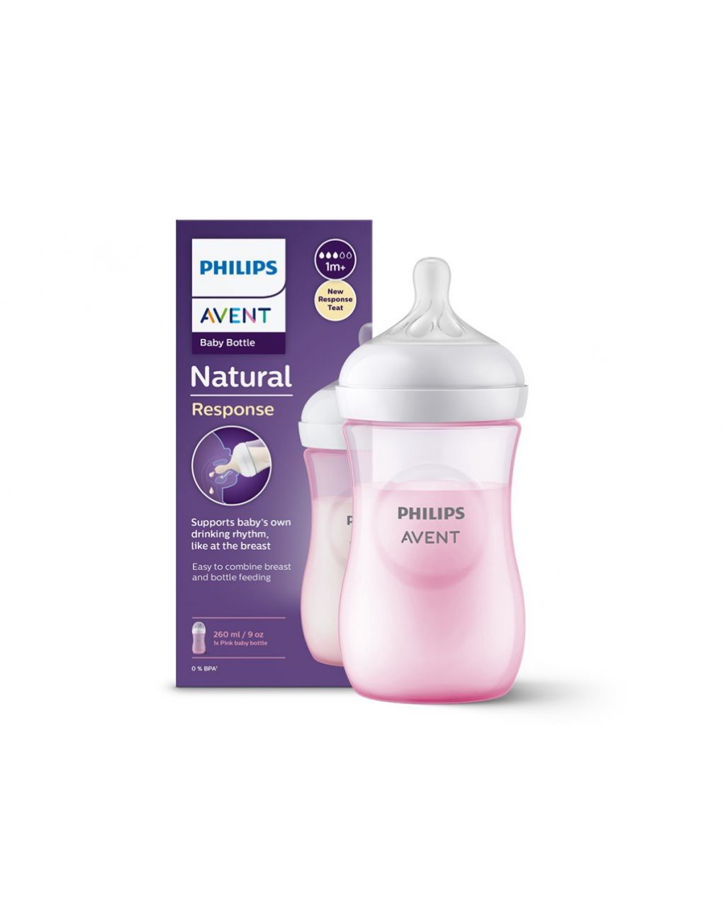 Biberon natural con tettarella a risposta naturale rosa da 260 ml 1m+ |  senza bpa - philips avent - Philips Avent