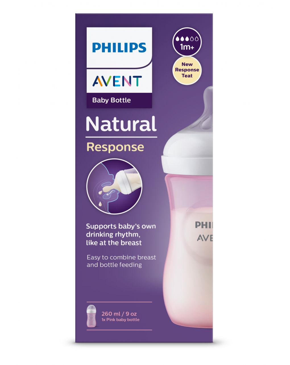 Biberon natural con tettarella a risposta naturale rosa da 260 ml 1m+ |  senza bpa - philips avent - Philips Avent