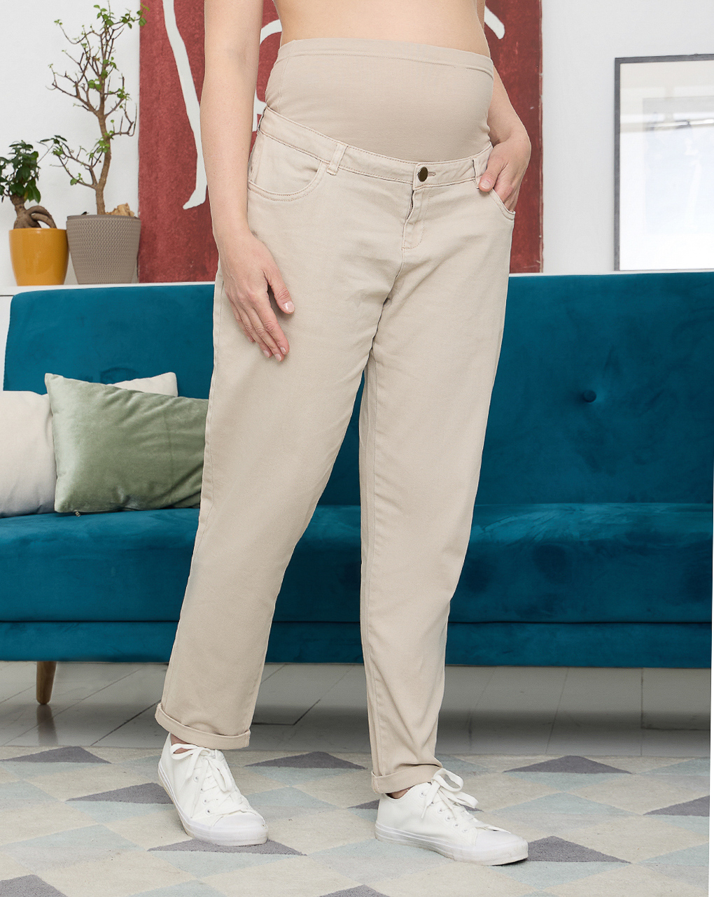 Pantalone premaman beige con fascia alta in vita - Prénatal