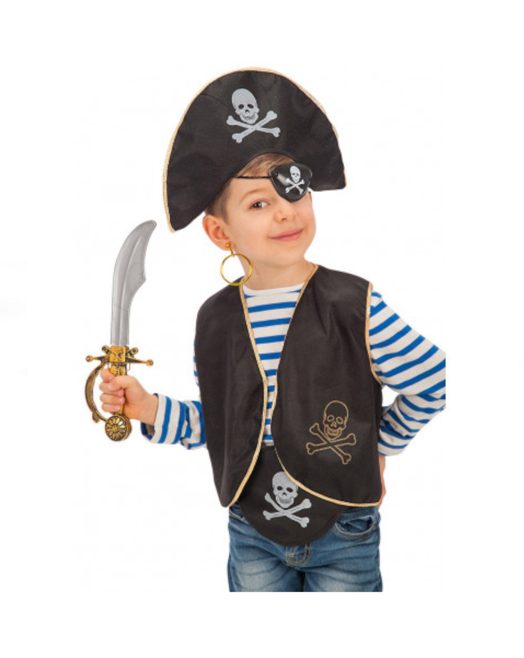 Set pirata bimbo (cappello + benda + gilet con orecchino spada e cintura) - carnival toys - Carnival Toys