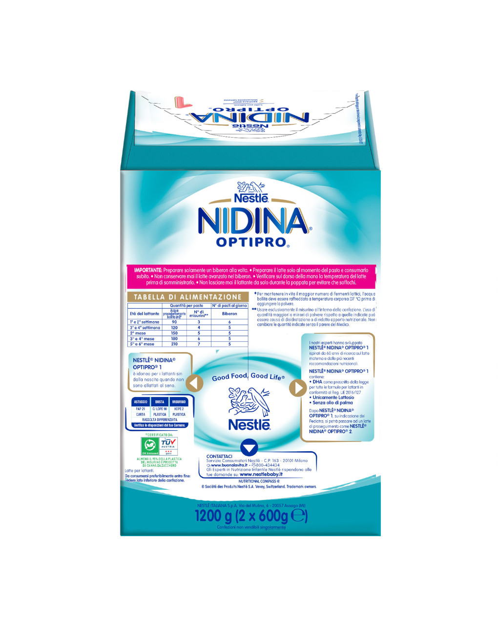 Nestlé nidina optipro 1 dalla nascita latte in polvere - 1.2 kg (2x600g)