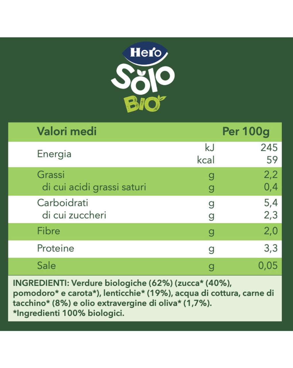 Omogeneizzato verdure lenticchie tacchino bio 190g - hero solo