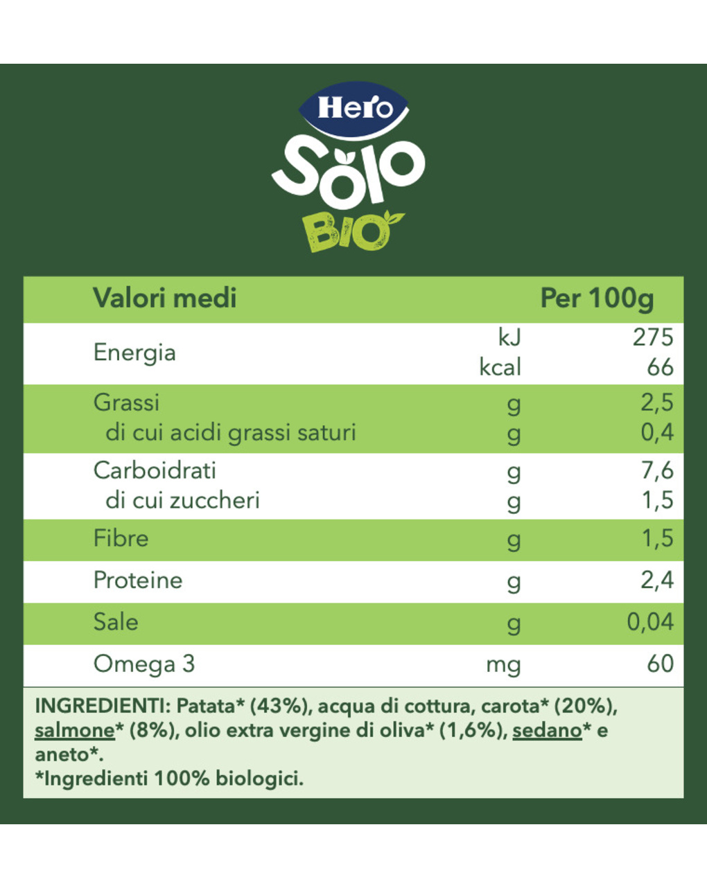 Omogeneizzato patate carote salmone 190 gr - hero solo