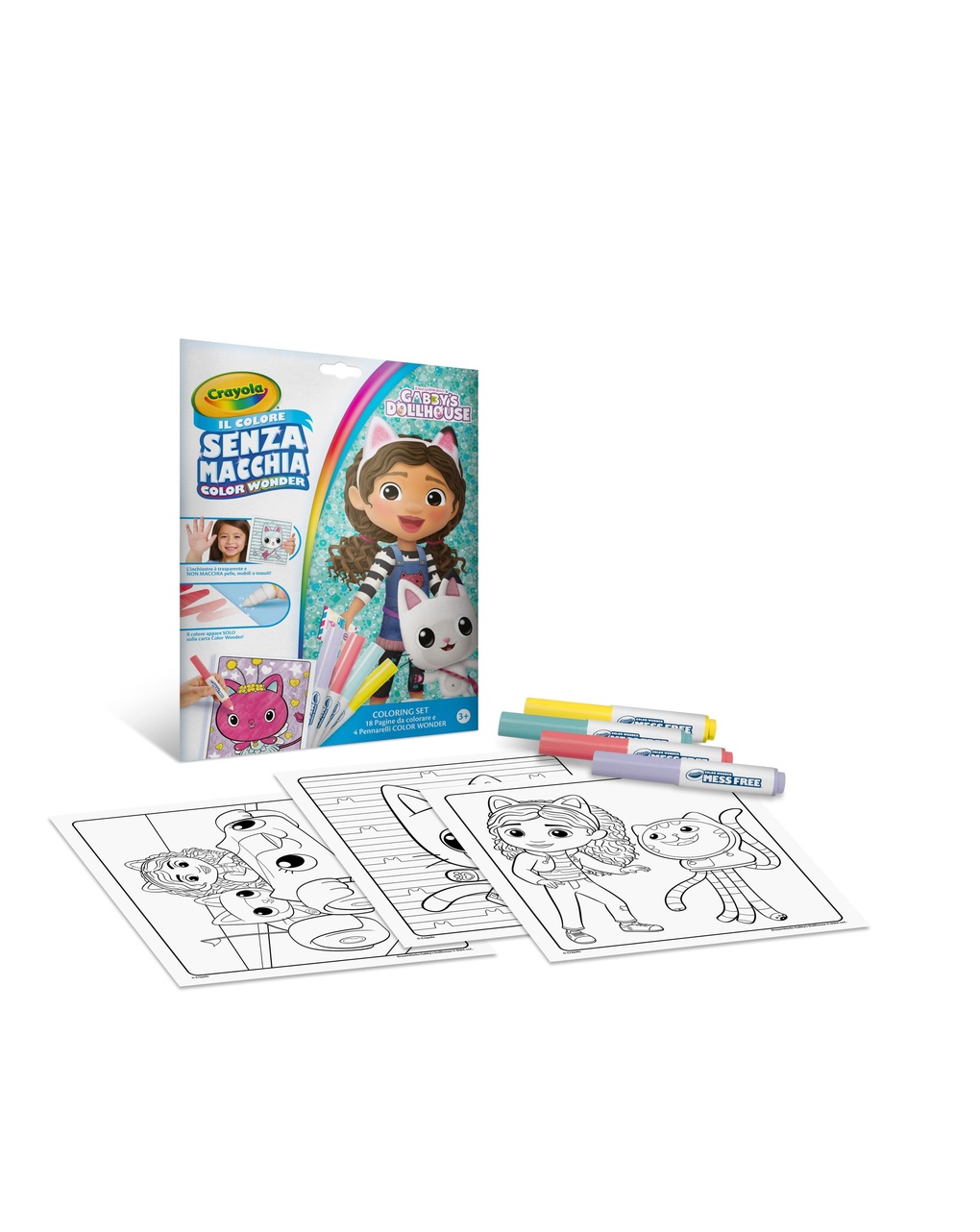 Color wonder coloring set gabby's dollhouse con 18 pagine da colorare e 4 pennarelli senza macchia - 3+ crayola