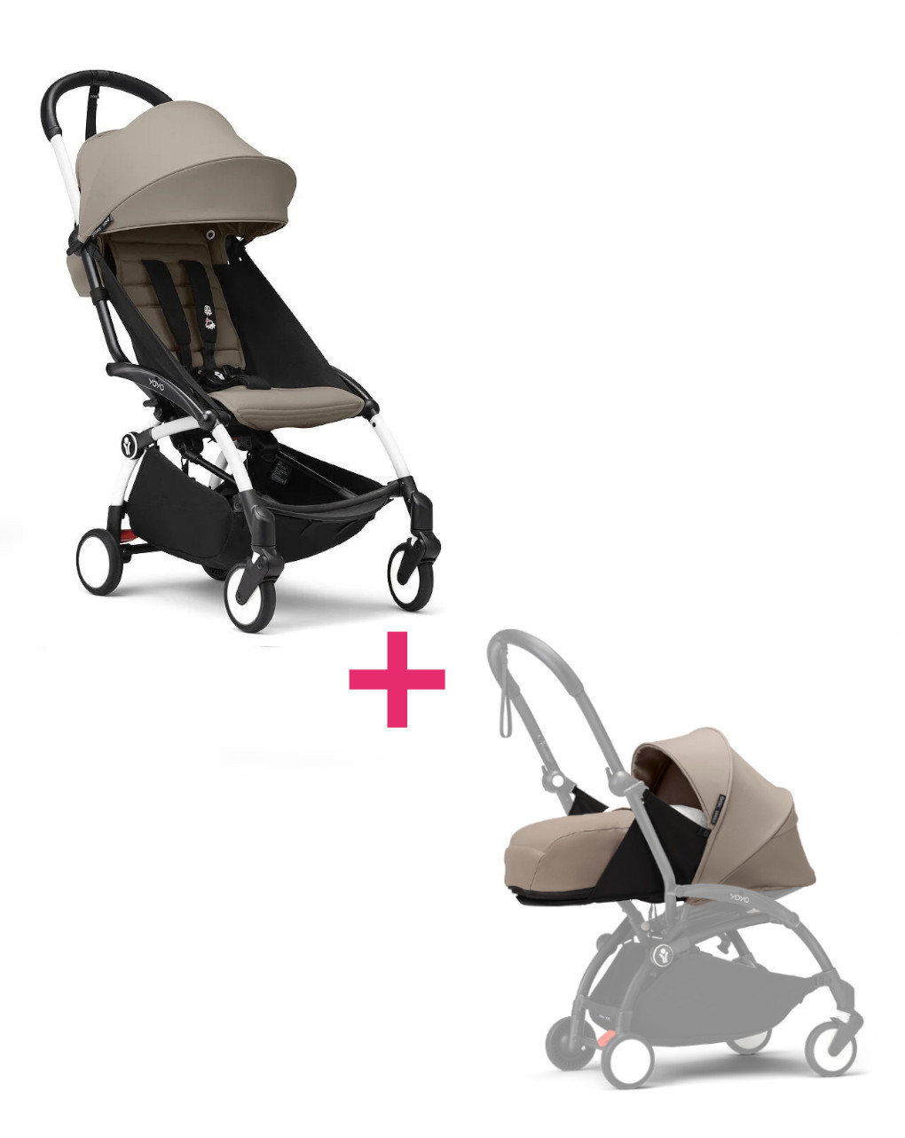 Passeggino duo con telaio yoyo³ white con seduta e navicella morbida taupe 6+ - stokke® yoyo®