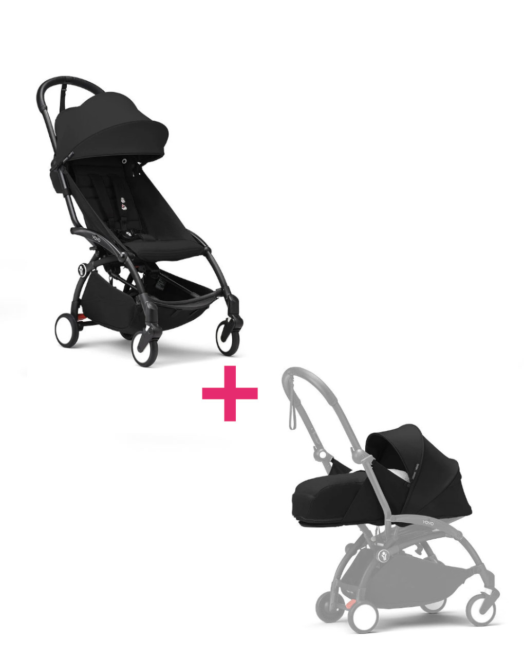 Passeggino duo con telaio yoyo³ black con seduta e navicella morbida black 6+ - stokke® yoyo®