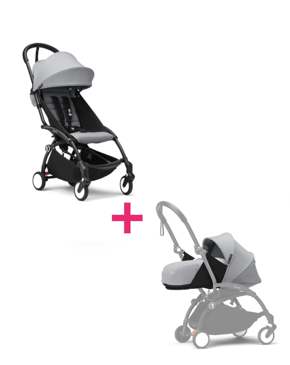 Passeggino duo con telaio yoyo³ black con seduta e navicella morbida stone 6+ - stokke® yoyo®