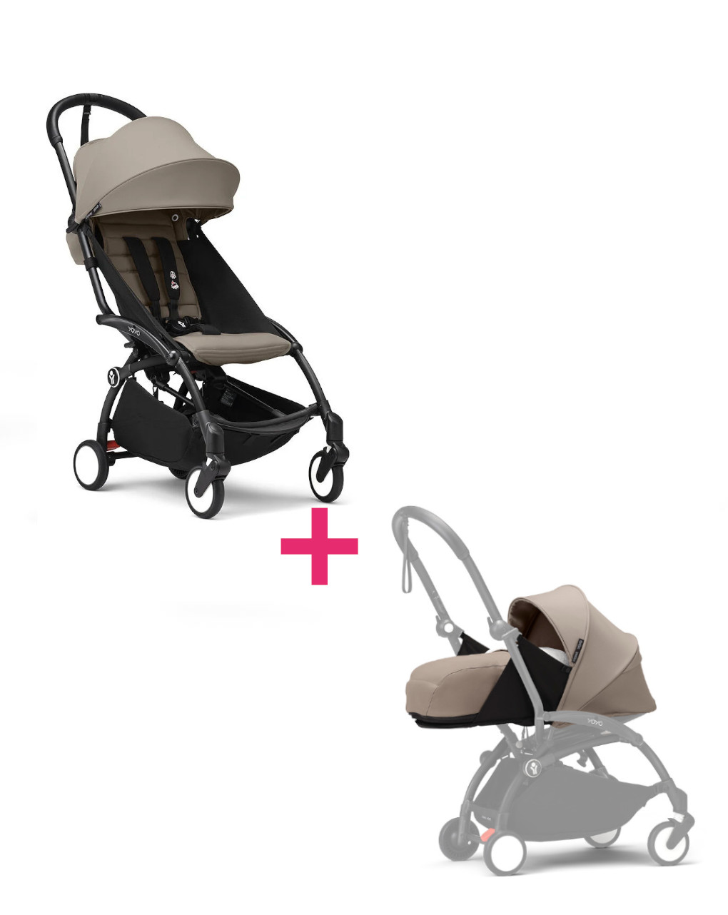 Passeggino duo con telaio yoyo³ black con seduta e navicella morbida taupe 6+ - stokke® yoyo®