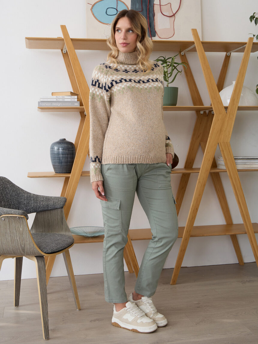 Maglione premaman beige con intarsi multicolor - Prénatal