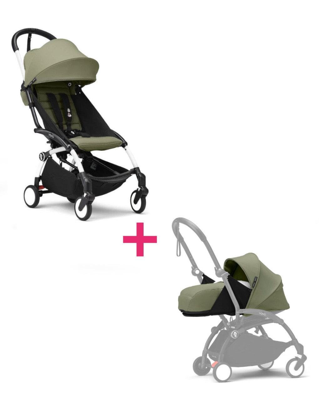 Passeggino duo con telaio yoyo³ white con seduta e navicella morbida olive 6+ - stokke® yoyo®