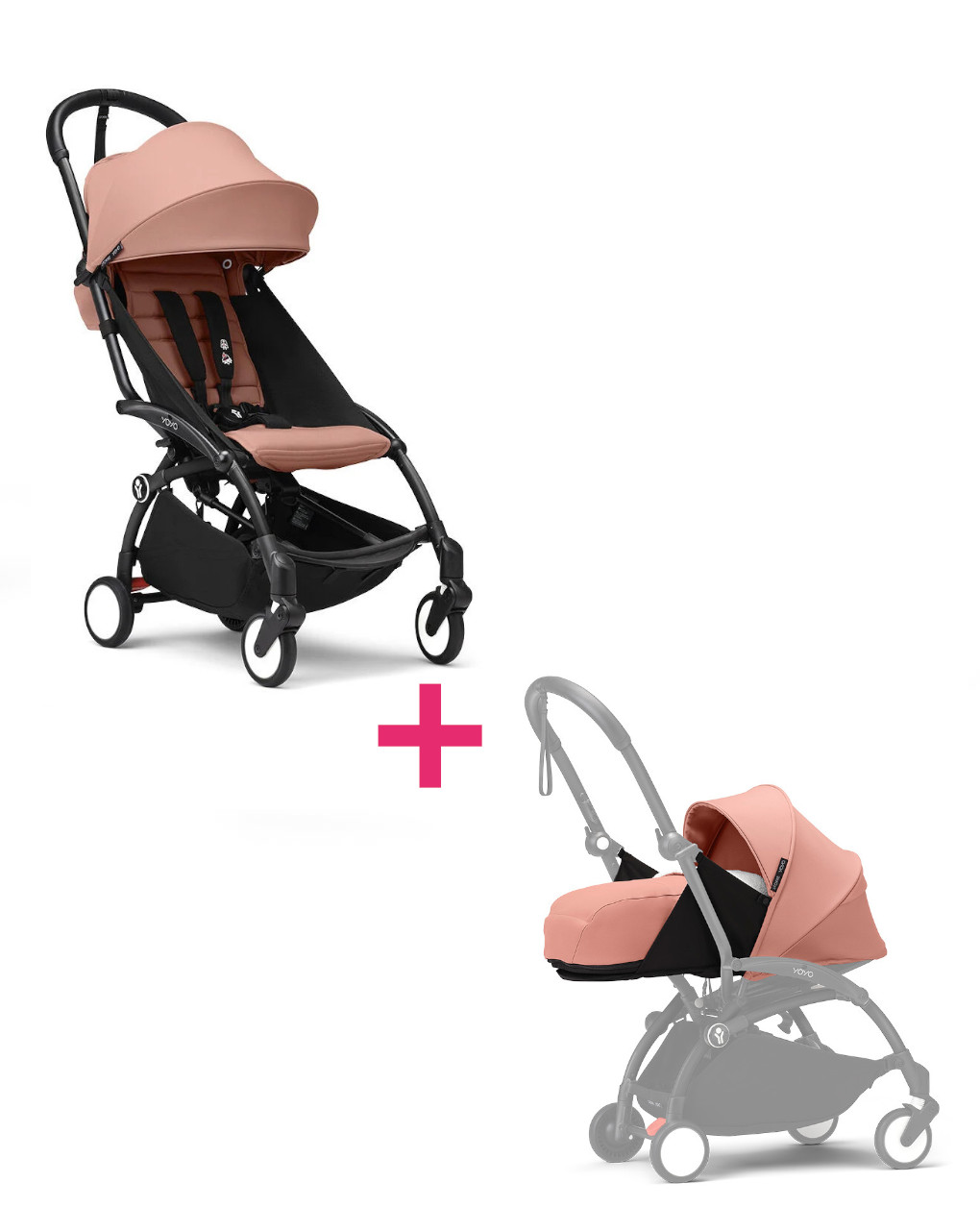 Passeggino duo con telaio yoyo³ black con seduta e navicella morbida ginger 6+ - stokke® yoyo®