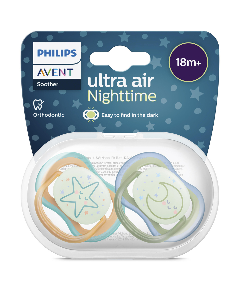 2 succhietti ultra air night time 18m+ decorazione stella/luna – philips avent