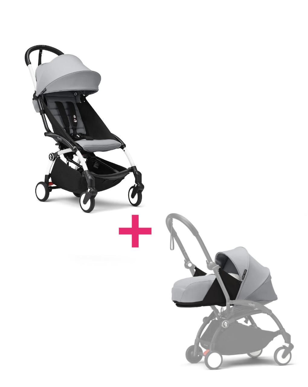 Passeggino duo con telaio yoyo³ white con seduta e navicella morbida stone 6+ - stokke® yoyo®