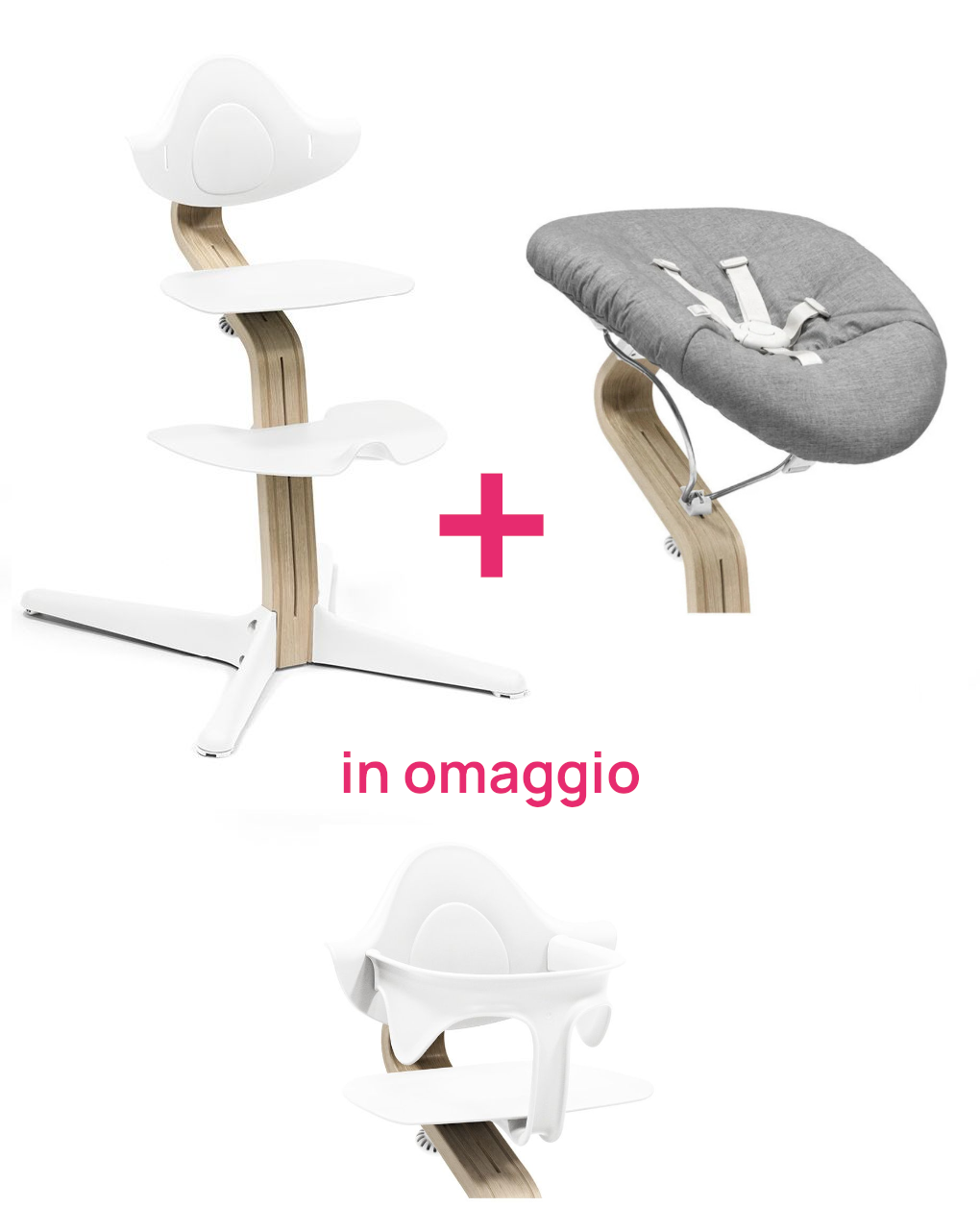 Stokke® sedia nomi natural white + nomi newborn set white / grey pink + baby set white in omaggio