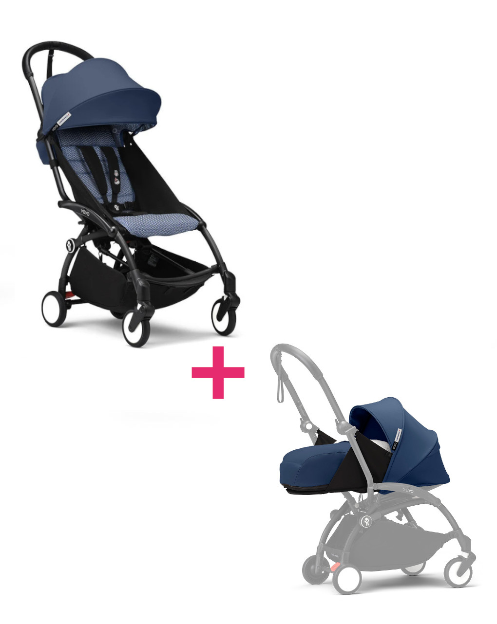 Passeggino duo con telaio yoyo³ black con seduta e navicella morbida air france blue 6+ - stokke® yoyo®