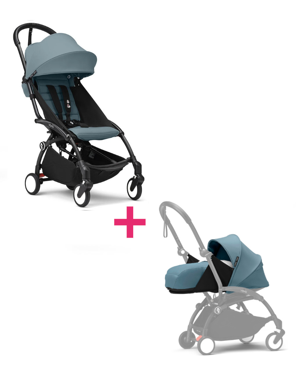 Passeggino duo con telaio yoyo³ black con seduta e navicella morbida aqua 6+ - stokke® yoyo®