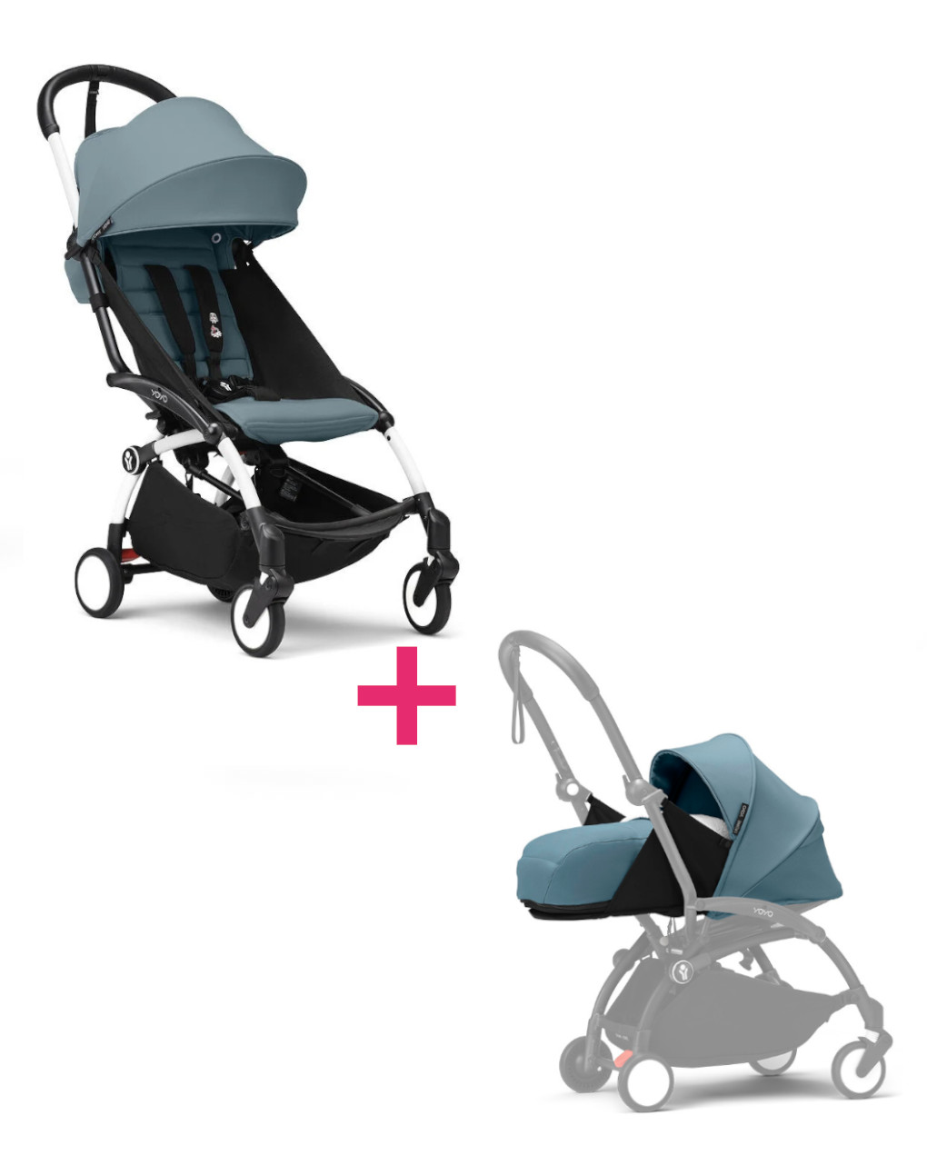 Passeggino duo con telaio yoyo³ white con seduta e navicella morbida aqua 6+ - stokke® yoyo®