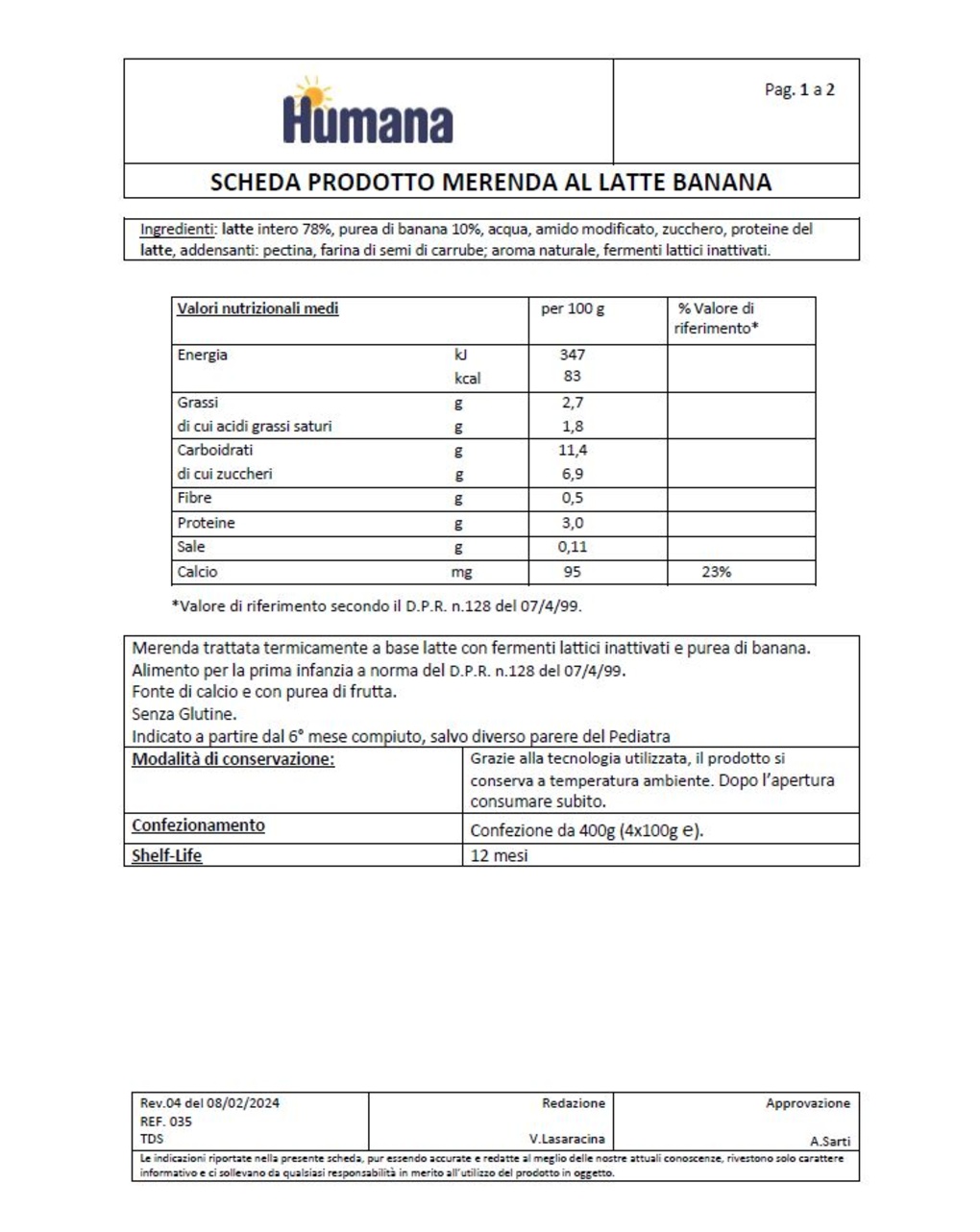 Humana merenda latte banana 4x100gr