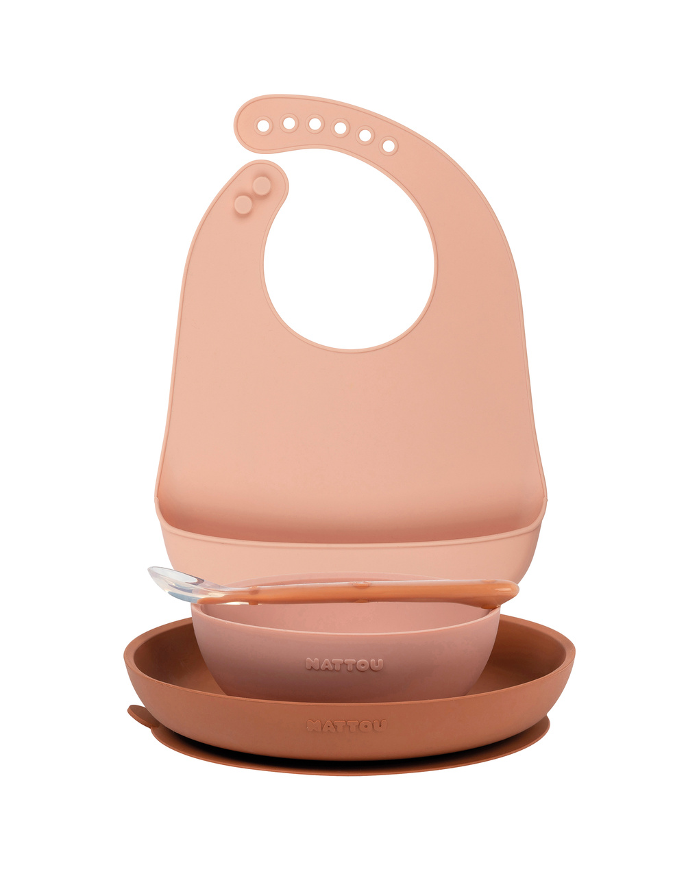 Set 4 pezzi rosa con bavaglino per la pappa in silicone - nattou