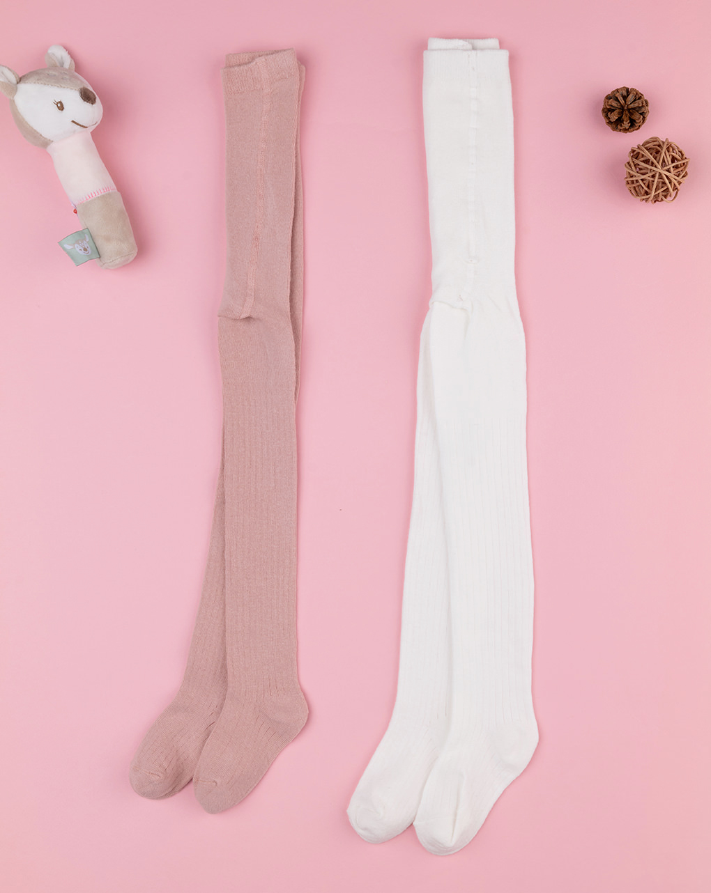 Pack 2 collant bambina rosa/bianco a coste