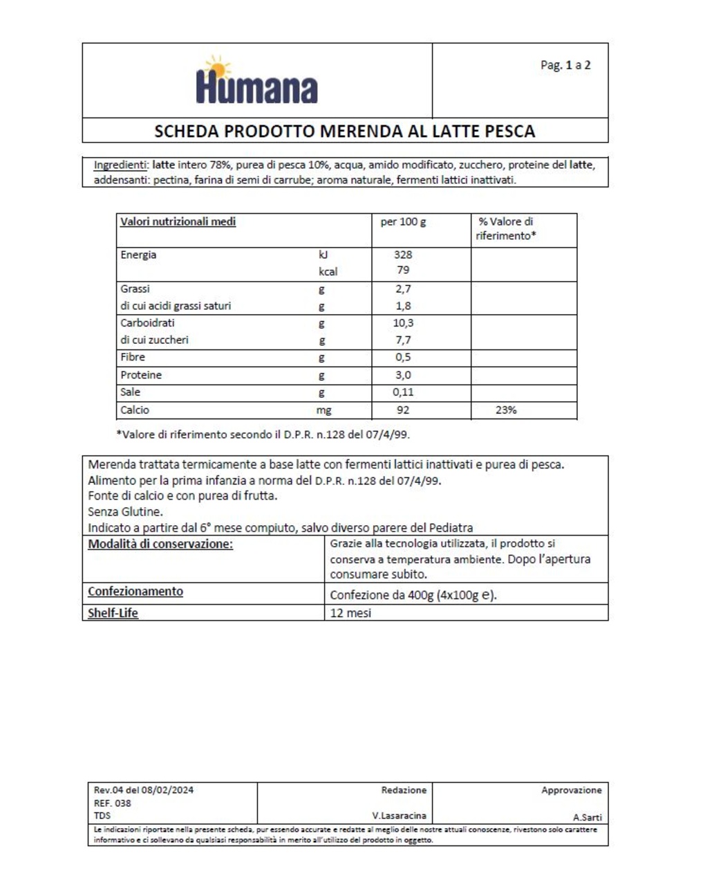 Humana merenda latte pesca 4x100gr