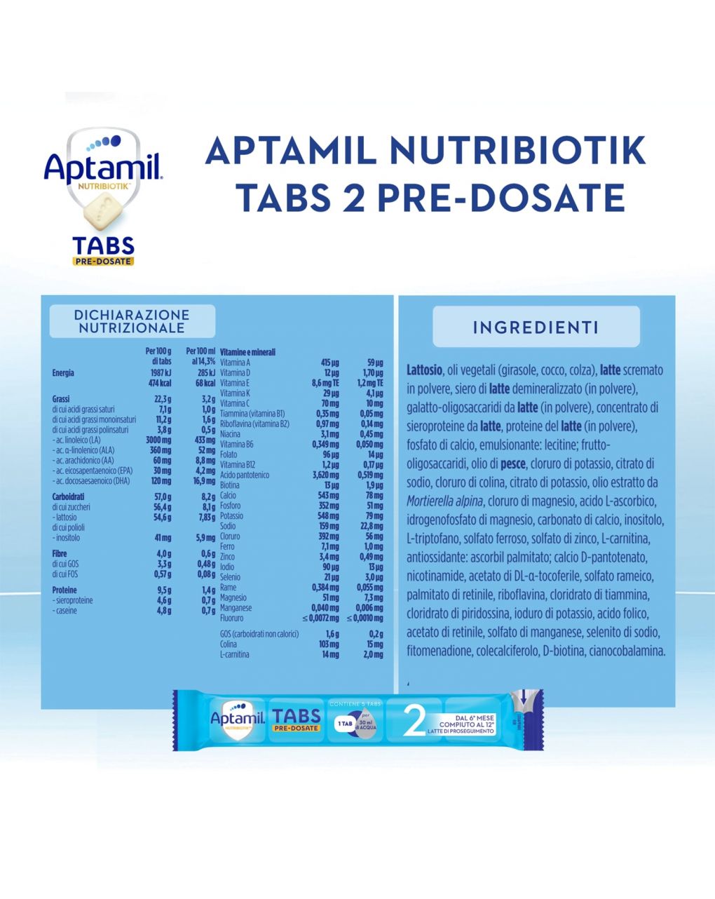 Nutribiotik tabs 2 pre-dosate  - latte di proseguimento in tabs 6-12 mesi - 21 bustine (105 tabs) - aptamil