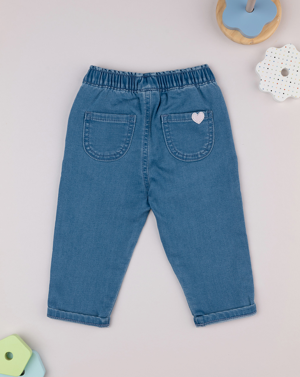 Pantalone bimba blu denim cuori rosa