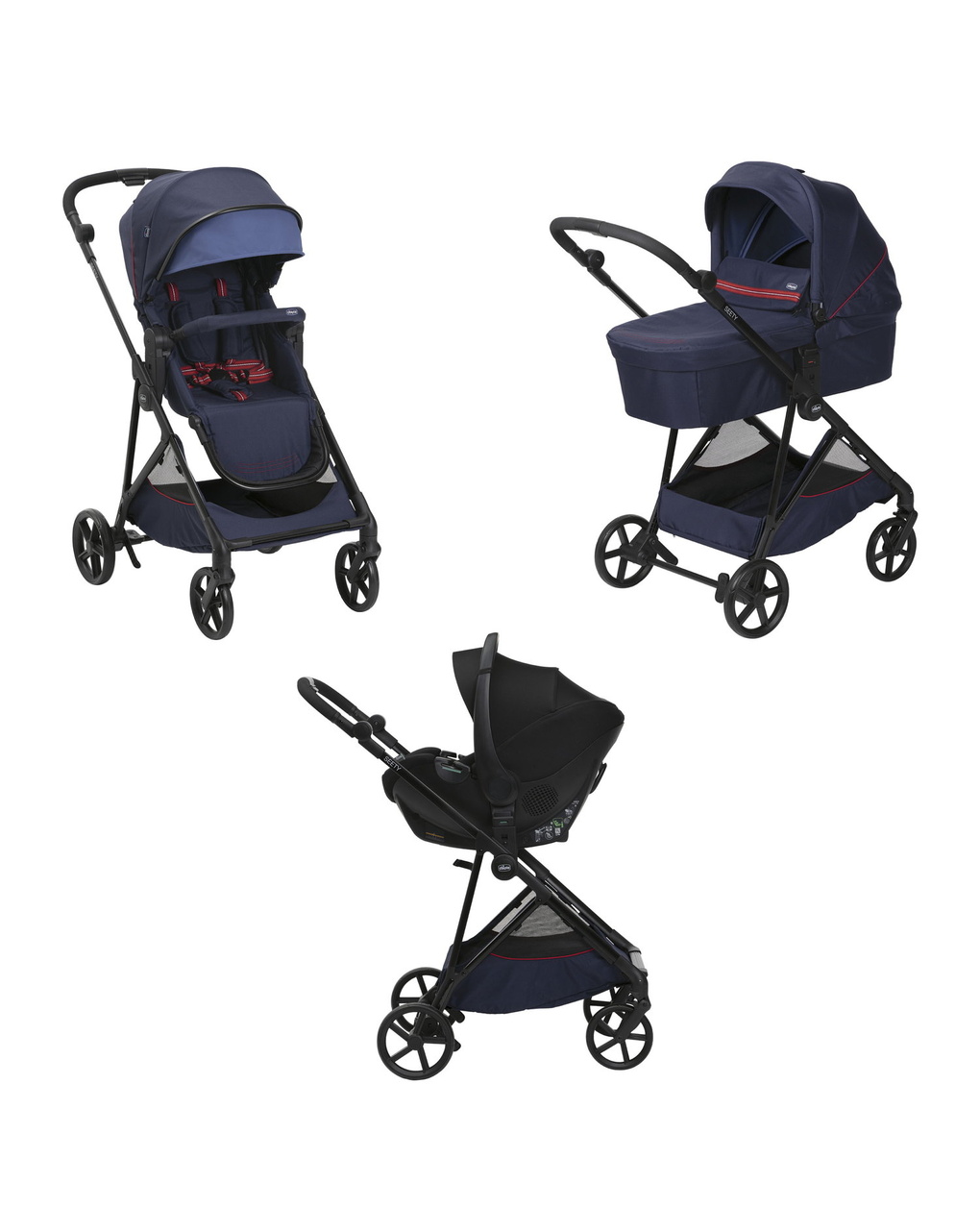 Trio seety oxford blu con seggiolino kory essential - chicco