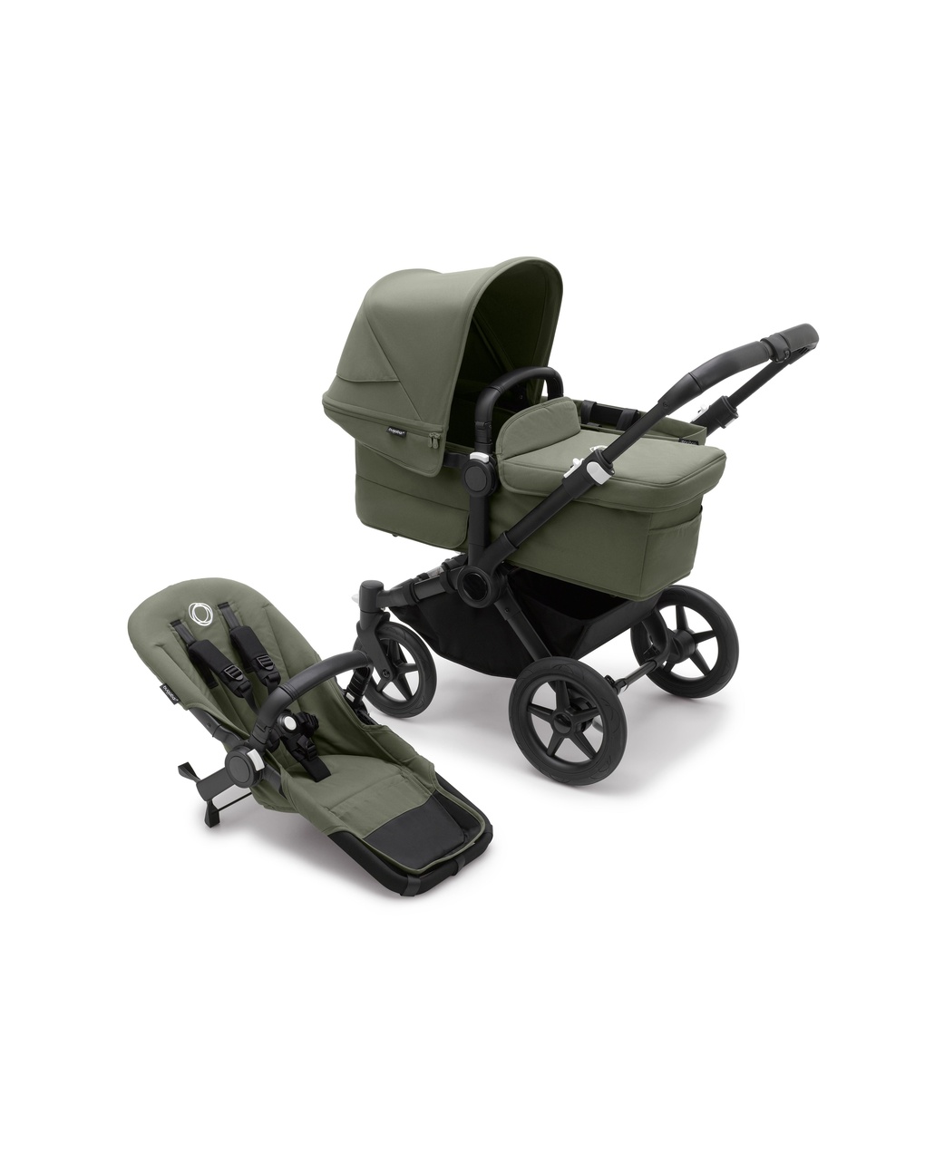 Bugaboo donkey 5 mono navicella e passeggino telaio nero, tessuti e cappottina forest green