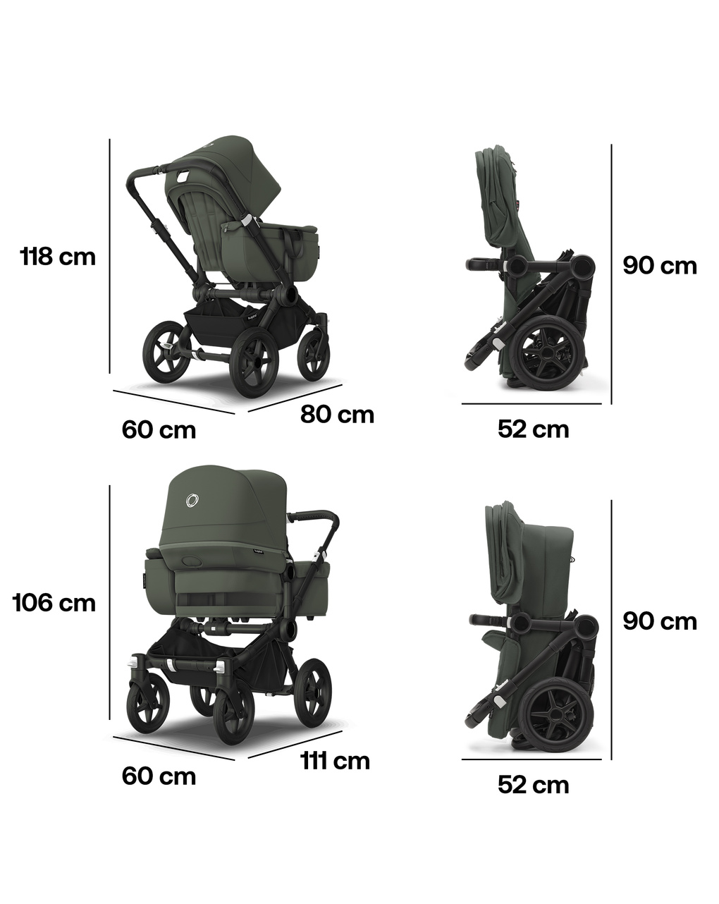 Bugaboo donkey 5 mono navicella e passeggino telaio nero, tessuti e cappottina forest green