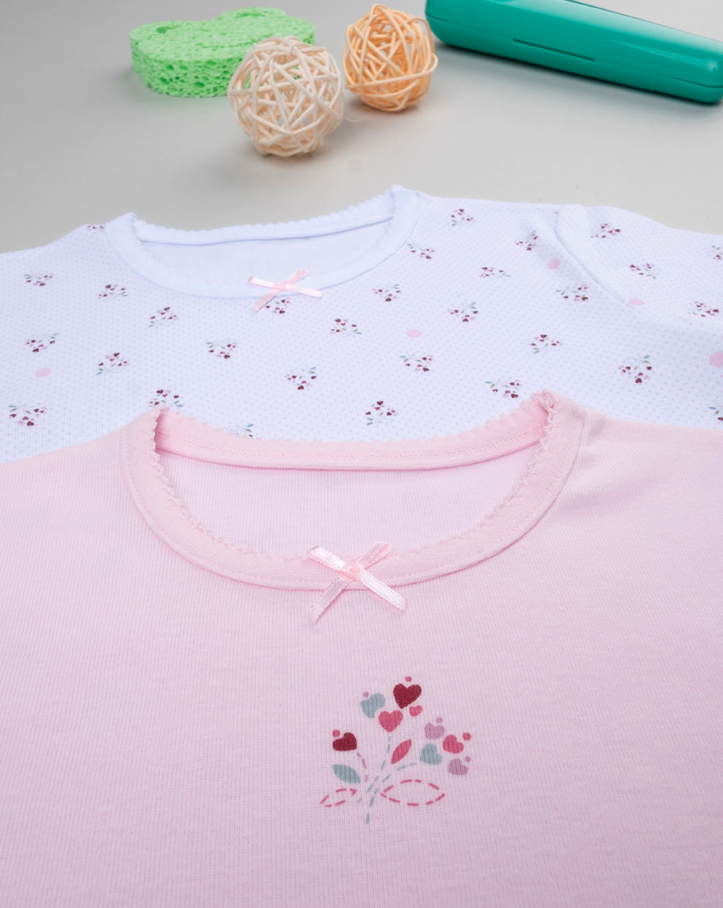 Pack 2 t-shirt bimba fiori bianco/rosa