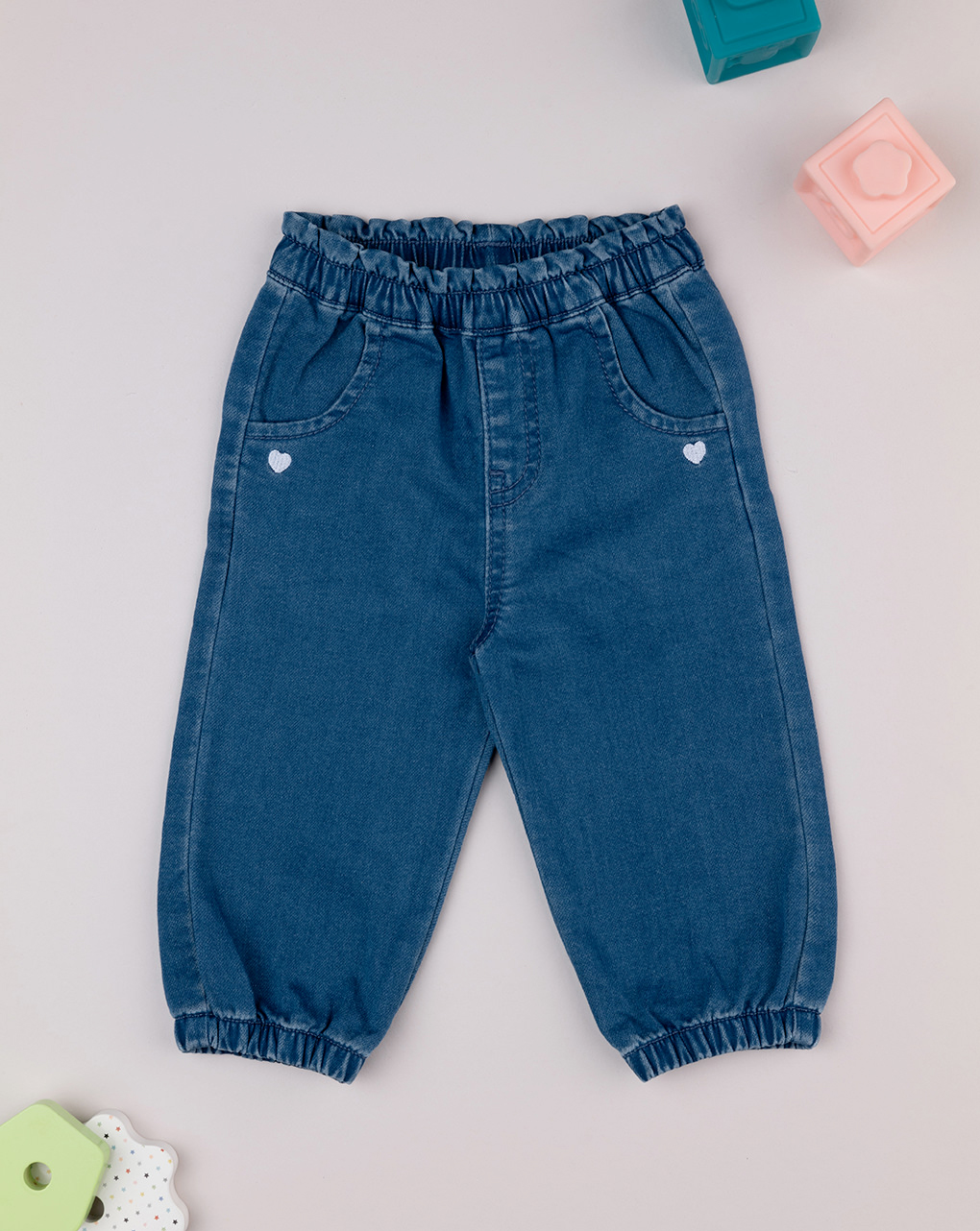 Pantalone bimba blu denim cuori bianchi