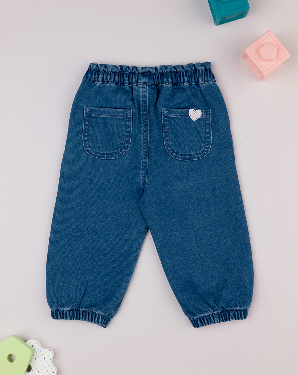 Pantalone bimba blu denim cuori bianchi